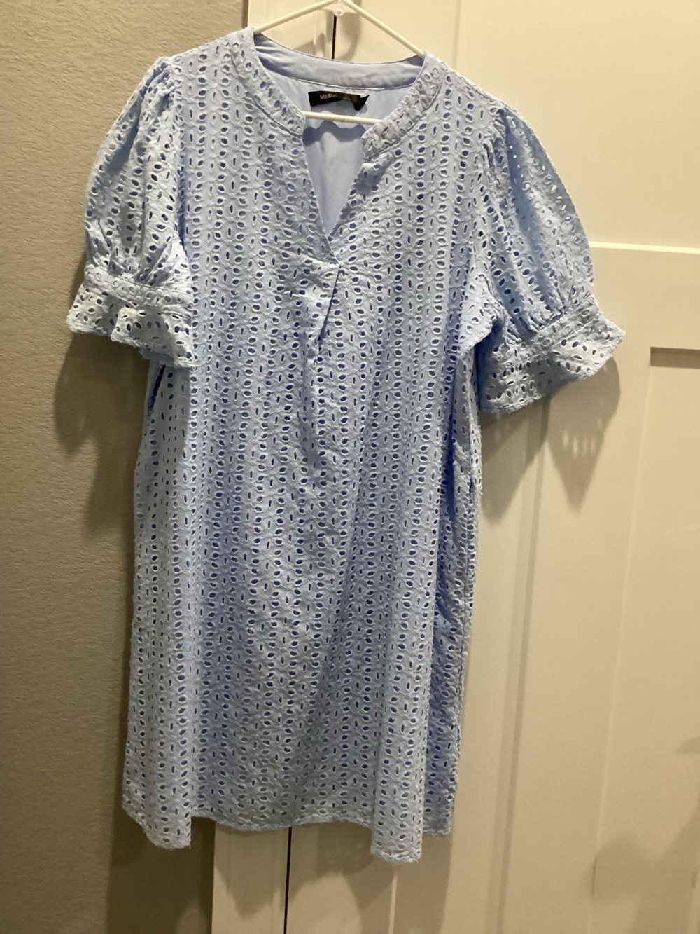 Light Blue Eyelet Mini Dress with Puff Sleeves - Women